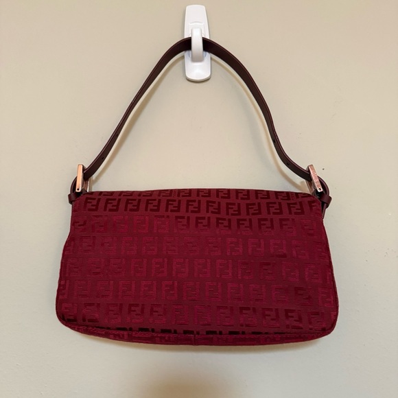 RARE Rose Gold Hardware Fendi Zucchino Baguette Bag in Red / Burgundy - Picture 2 of 11